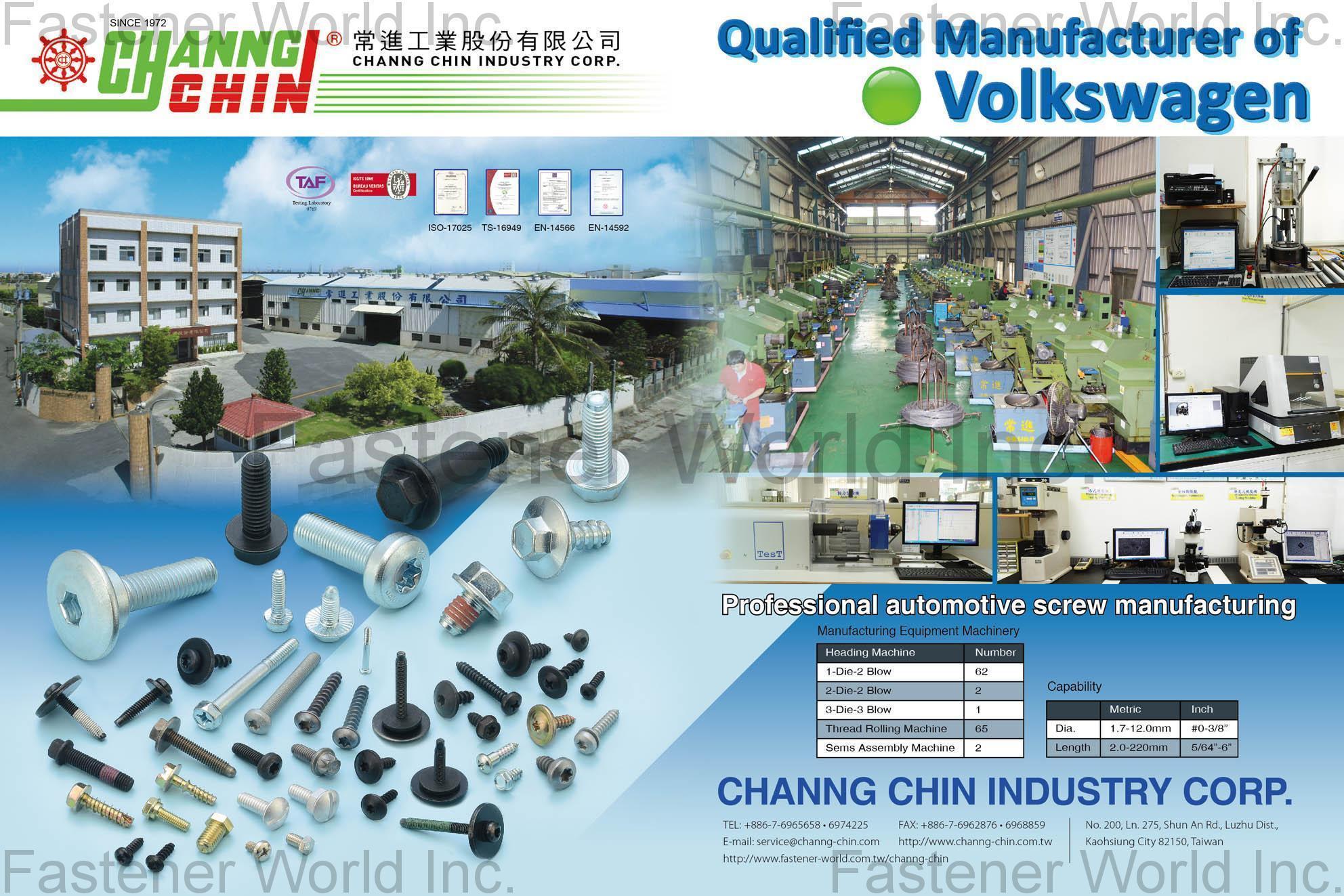 CHANNG CHIN INDUSTRY CORP.  , Auto parts, Special parts, Terminal Screw, Micro Screws, Sems Screw, Special reverse threads, cutting notch design, Good performance for ACQ , Automotive Parts