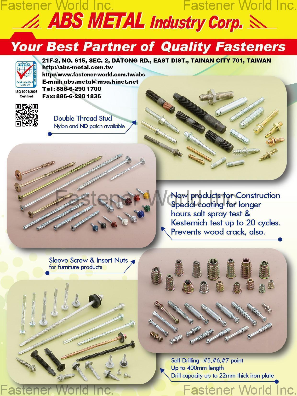 ABS METAL INDUSTRY CORP.  , Double Thread Stud, Roofing Screw, Self-Drilling Screws , Stud Bolts