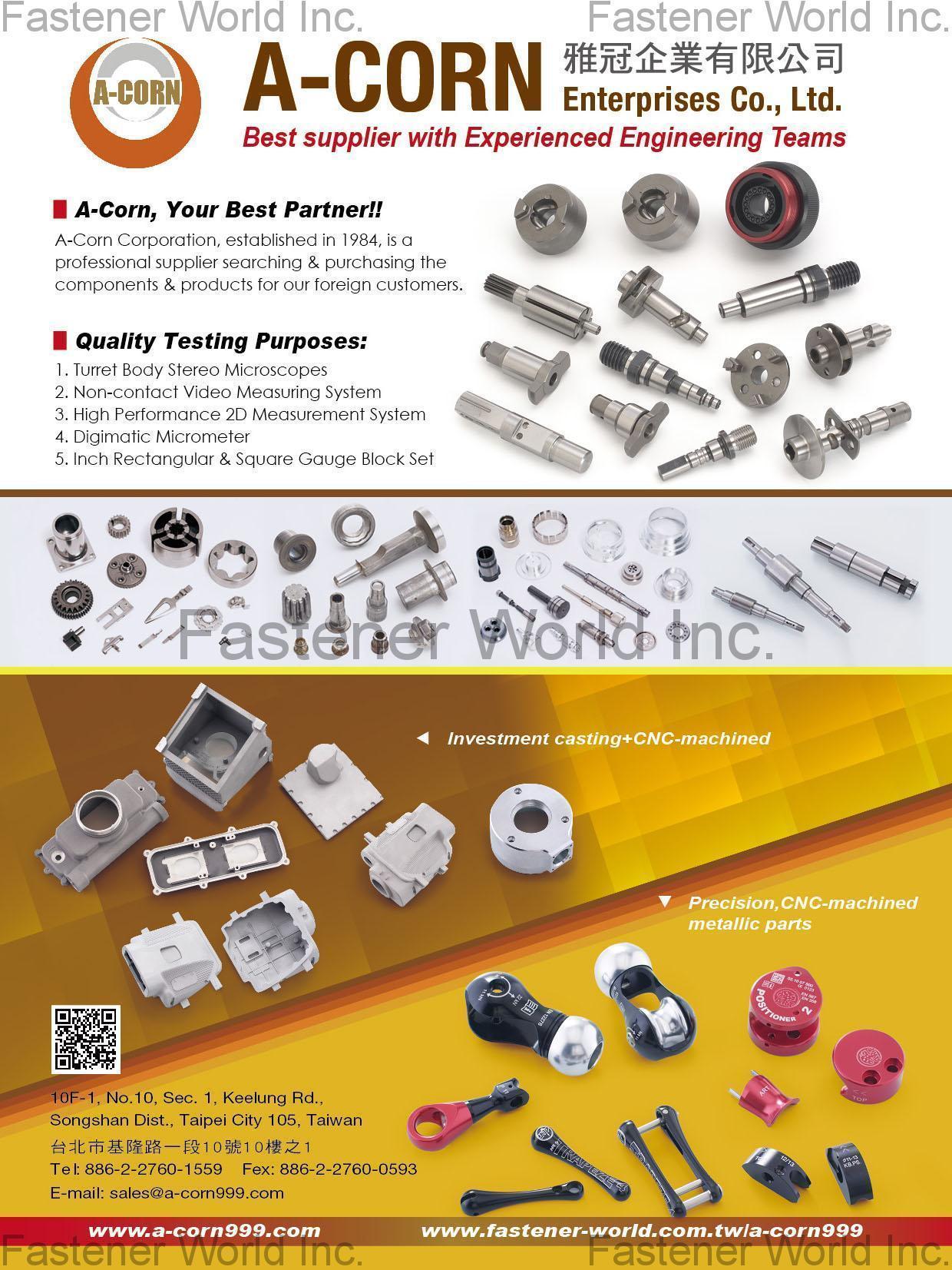A-CORN ENTERPRISES CO., LTD. , Investment Casting + CNC-machined, Precision, CNC-machined metallic parts , Pneumatic Components