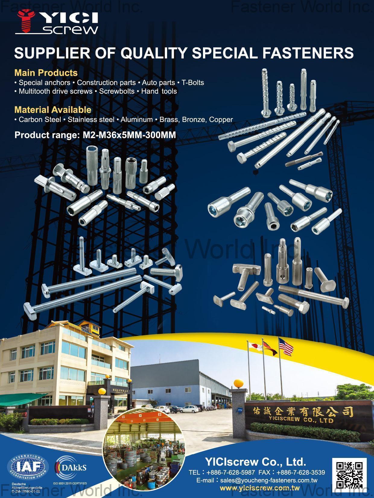 YICIscrew CO., LTD. , Special Anchors, Construction Parts, Auto Parts, T-Bolts, Multitooth Drive Screws, Screwbolts, Hand Tools , T-head Or T-slot Bolts