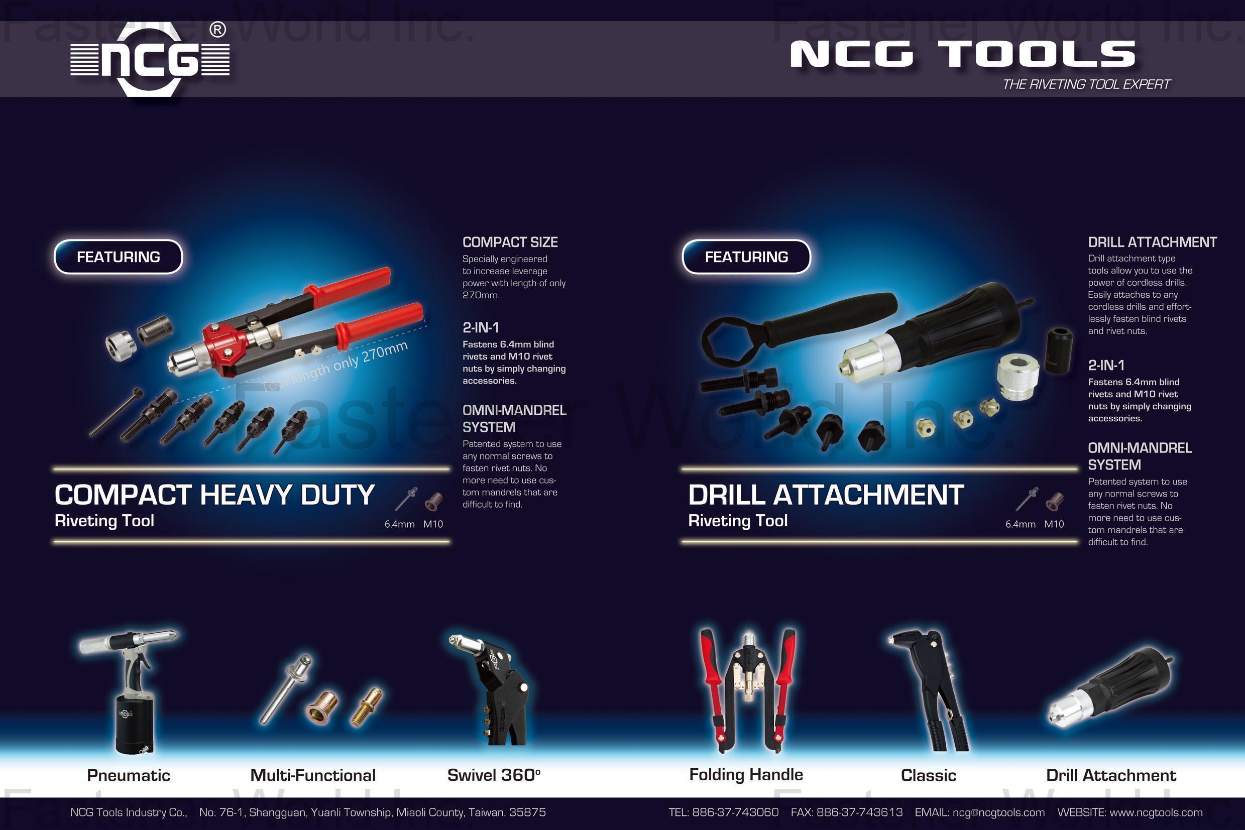 NCG TOOLS INDUSTRY CO., LTD.  , Compact Heavy Duty Riveting Tools, Drill Attachment Riveting Tools , Hand Rivet Tools, Hand Rivet Nut/rivet Bolt Tools, Air Hydraulic Rivet