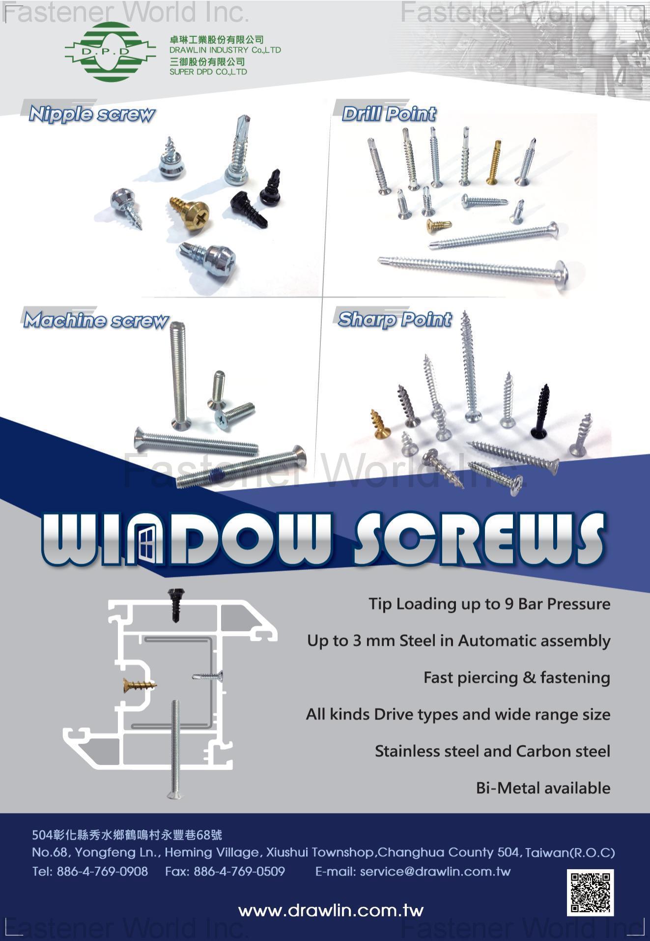 SUPER DPD CO., LTD. , Nipple Screw, Machine Screw, Drill Point, Sharp Point , PVC Screws