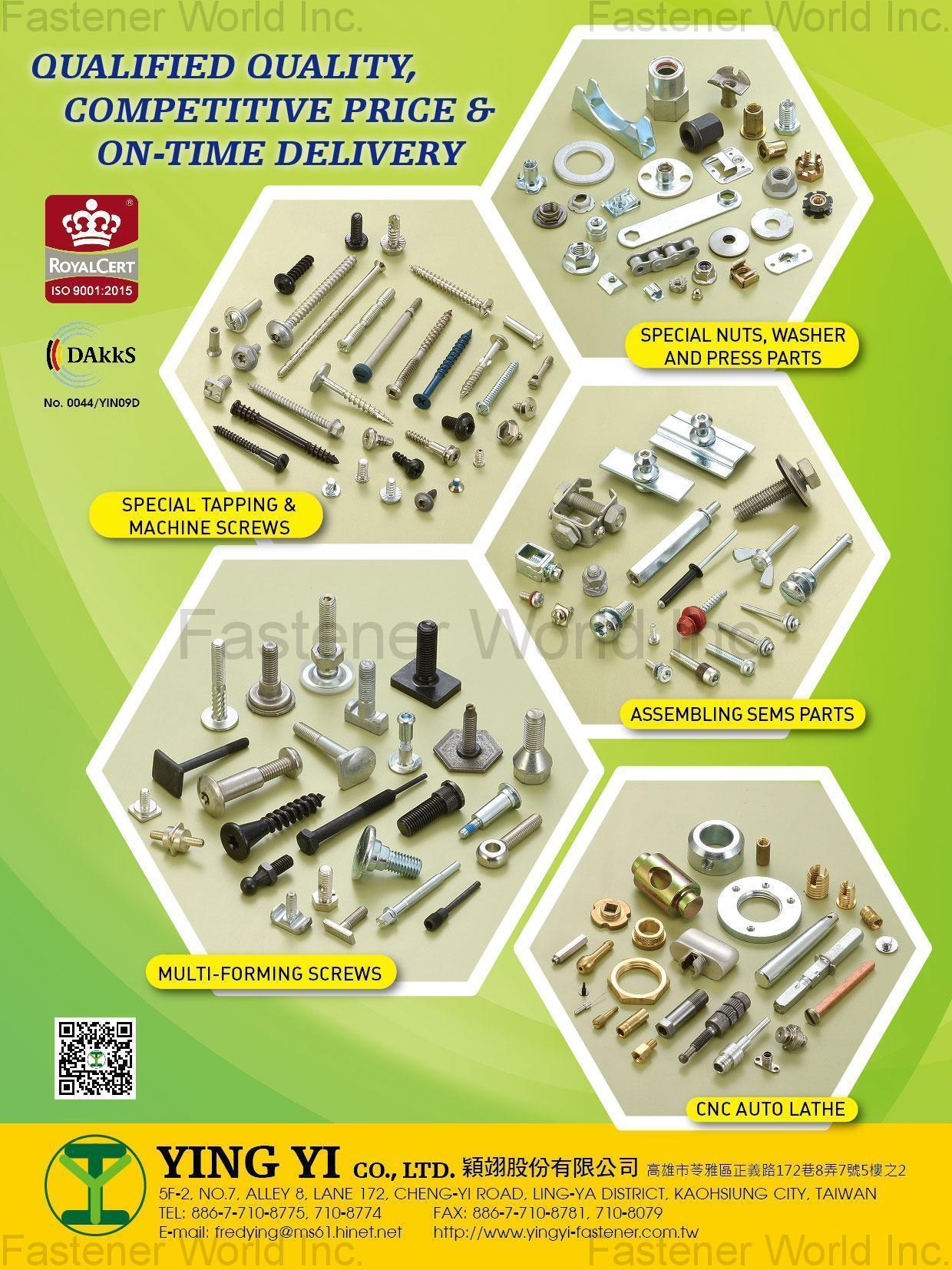 YING YI CO., LTD. , Special Tapping & Machine Screws, Special Nuts, Washer and Press Parts, Assembling SEMS Parts, Multi-Forming Screws, CNC Auto Lathe , Special Screws