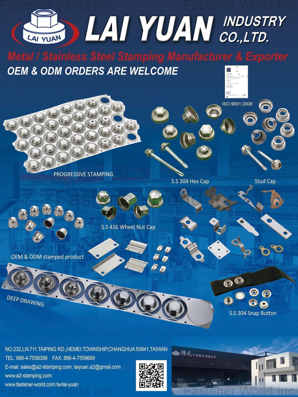LAI YUAN INDUSTRY CO., LTD.  , Progressive Stamping, Hex Caps, Stud Caps, Wheel Nut Caps, Snap Buttons, Stamped Products , Cap Nuts