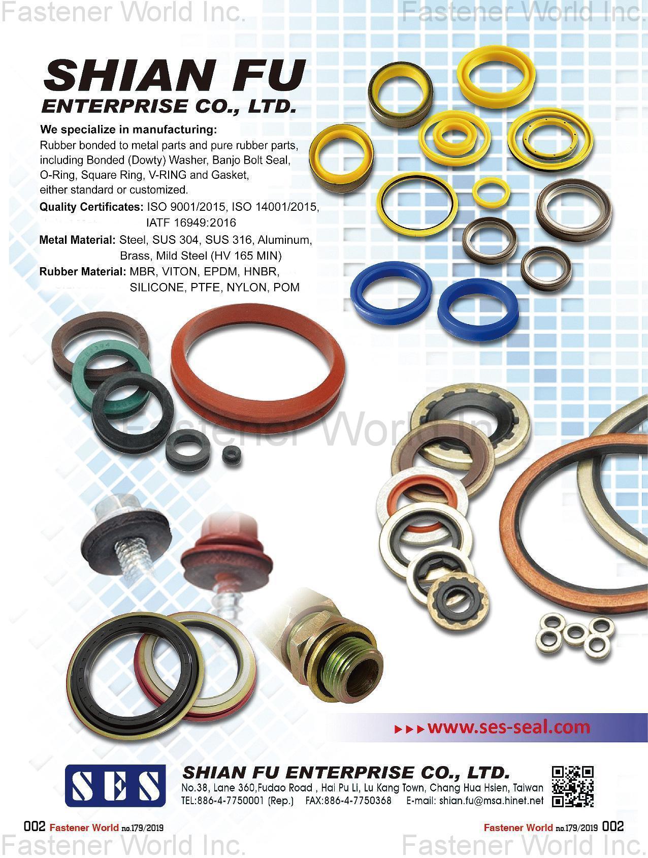 SHIAN FU ENTERPRISE CO., LTD. , Rubber bonded to metal parts, pure rubber parts, including Bonded (Dowty) Washer, Banjo Bolt Seal, O-ring, Square Ring, V-Ring, Gasket , Sealing Washers