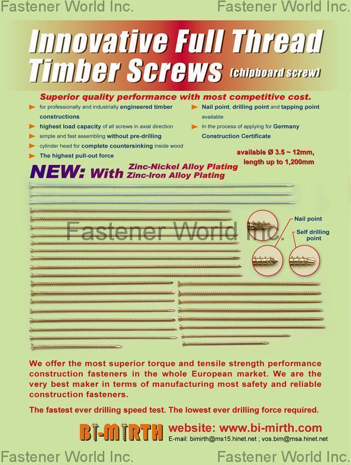 BI-MIRTH CORPORATION , Innovative Full Thread Timber Screws (Chipboard Screw) , Chipboard Screws
