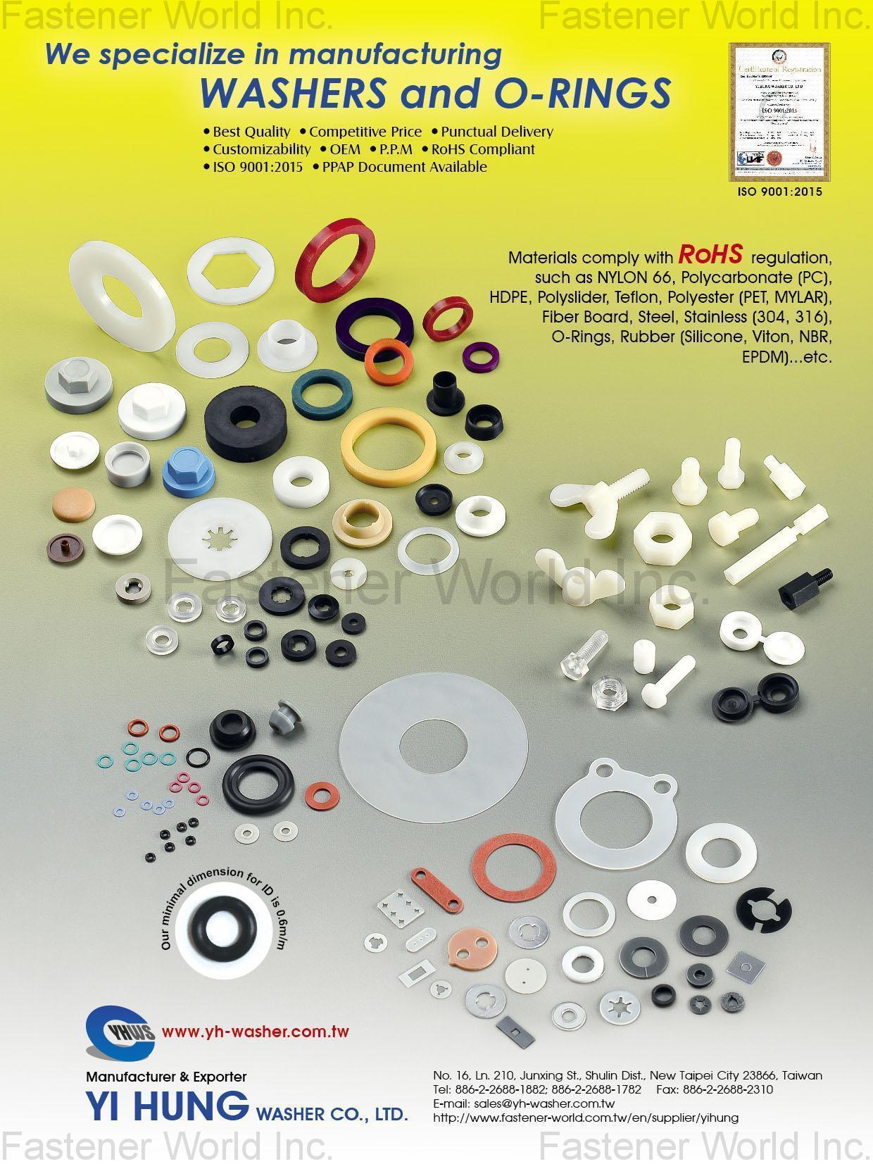 YI HUNG WASHER CO., LTD.  , Plastic Washer (GASKET) , Stamping Parts, O-ring, Oil seal, Dust cover, Bolt, Nut, Plastic Fastener , Nylon Flat Washers