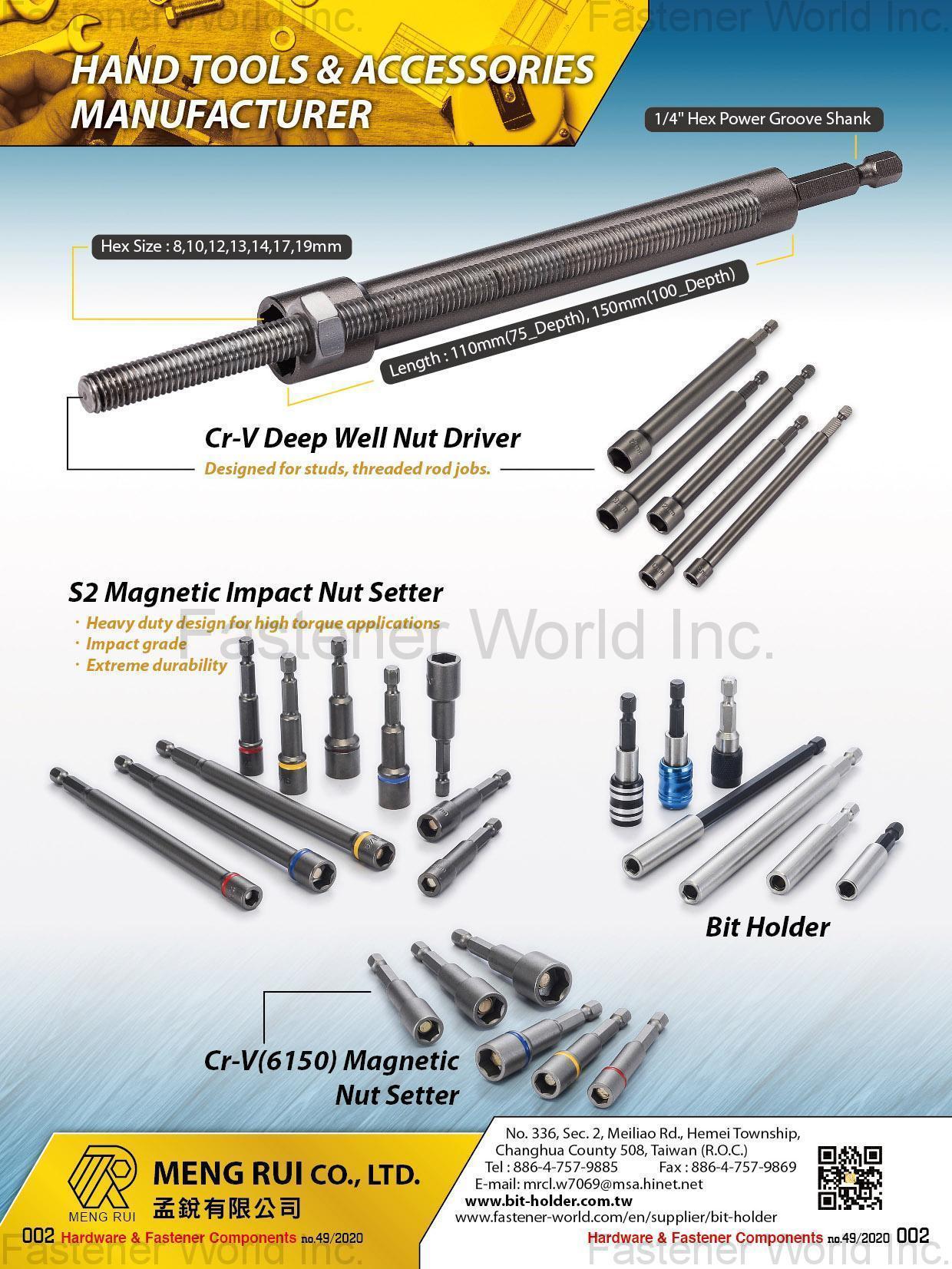 MENG RUI CO., LTD. , Nut Setter, Bit Holder,Hand Tool Accessories,Well Nut Driver,Magnetic Impact Nut Setter , Nut Drivers