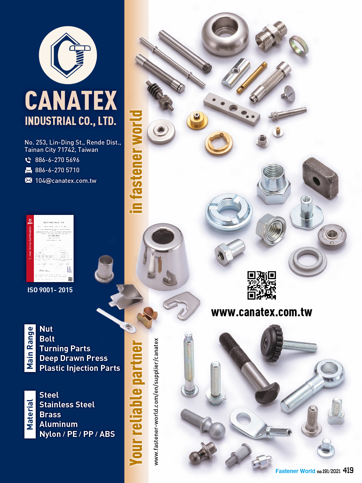 CANATEX INDUSTRIAL CO., LTD. , Nut, Bolt, Turning Parts, Deep Drawn Press, Plastic Injection Parts