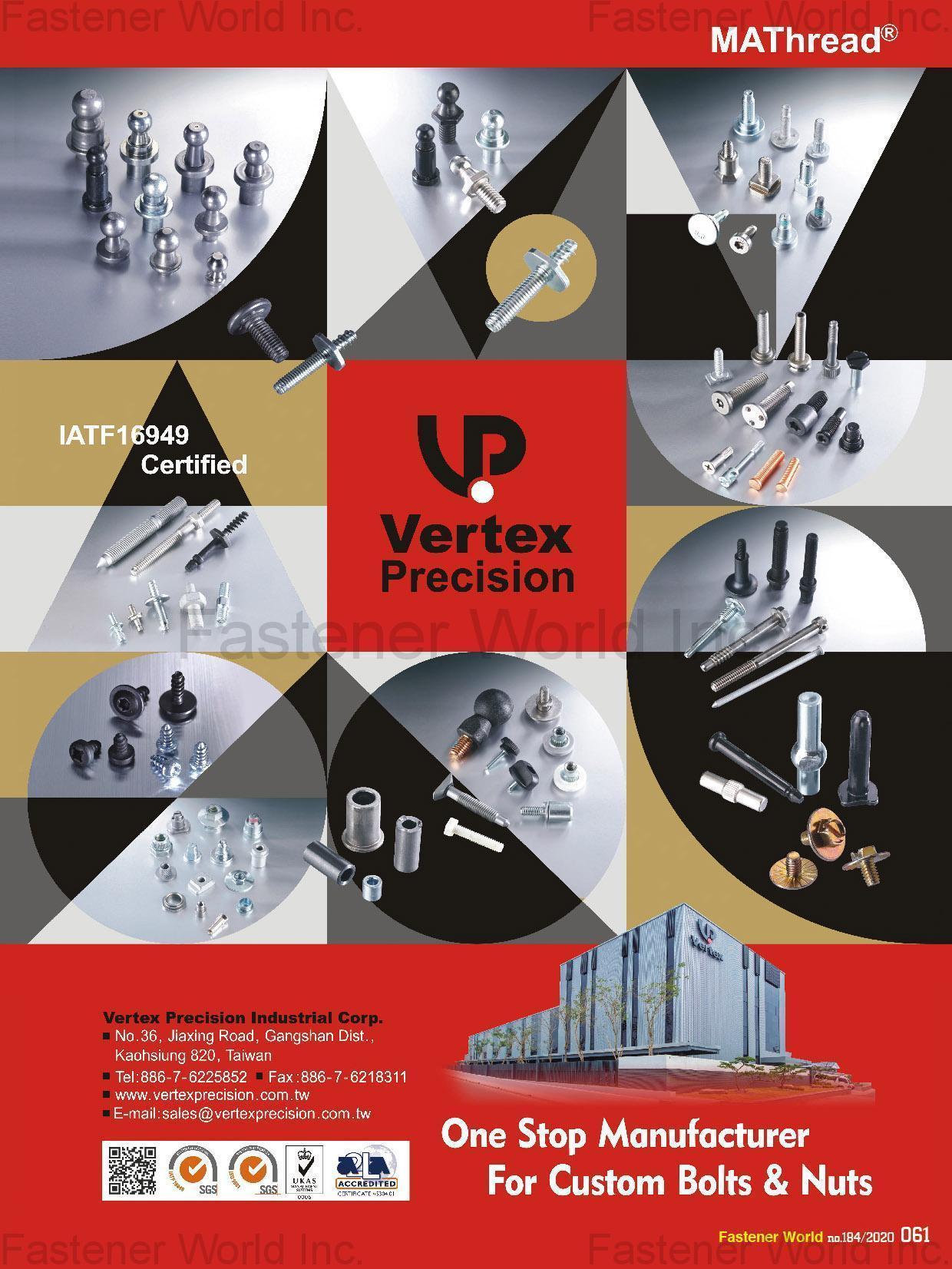 VERTEX PRECISION INDUSTRIAL CORP. , BALL STUD, MAThread-MATpoint, Double End Studs, Custom Screws & Bolts, Custom Nuts, Special Pins, Bushings, Assembly Components, TriLobular and Plastic Screws