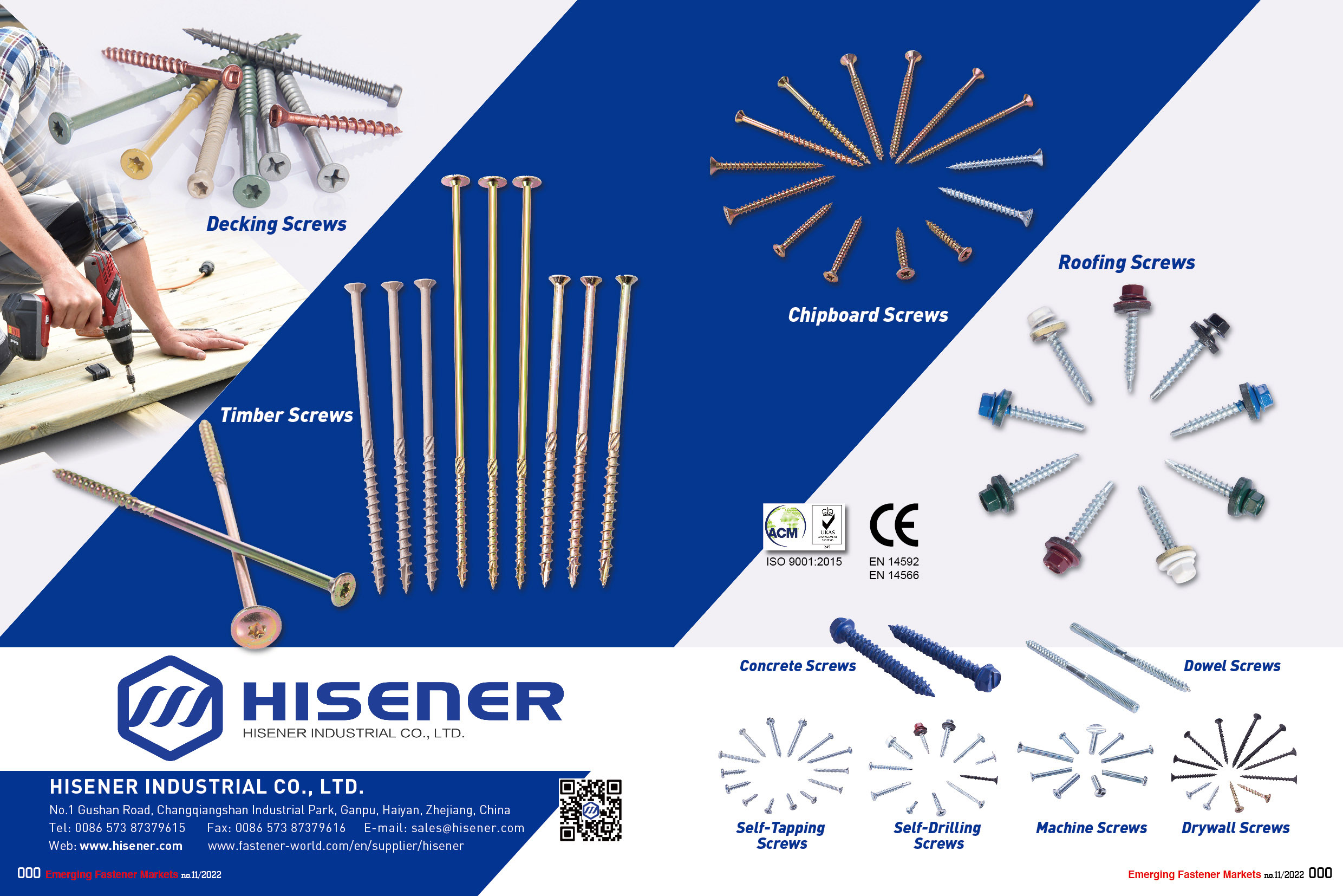 HISENER INDUSTRIAL CO., LTD. , Deck Screws/Wood Screws / Roofing Screws / Chipboard Screws / Concrete Screws / Self-Tapping Screws / Machine Screws / Self-drilling Screws