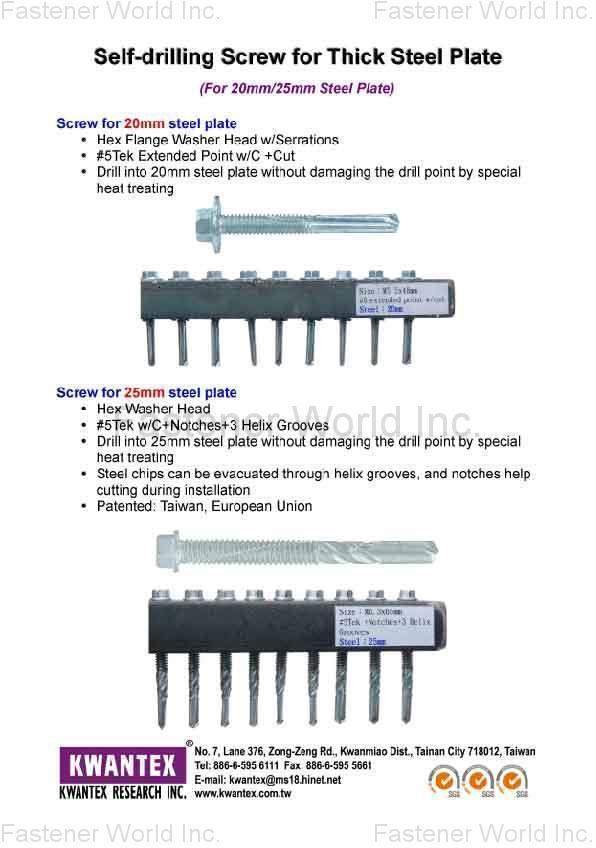 KWANTEX RESEARCH INC.  , Self-drilling Screw for Thick Steel Plate