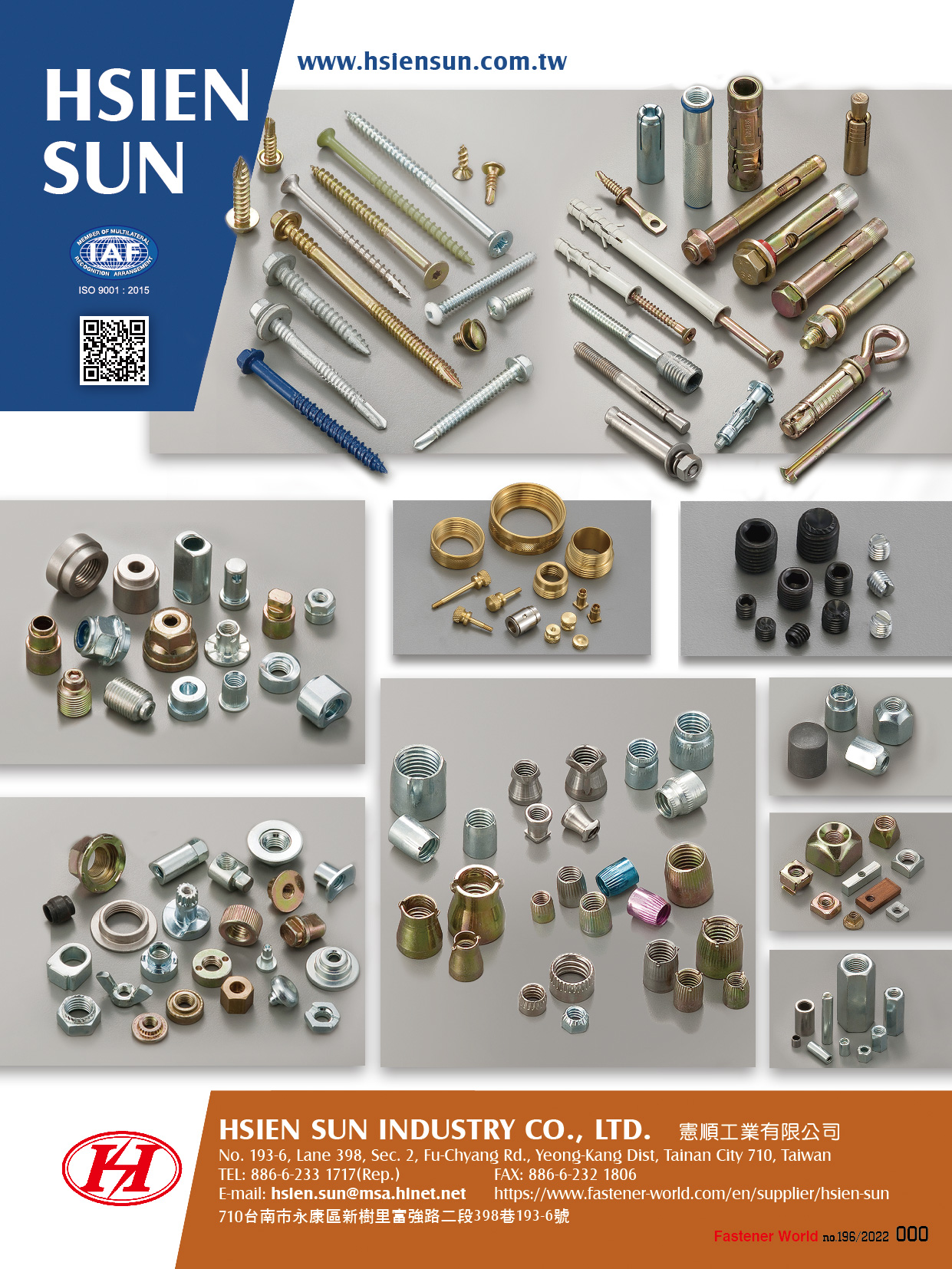 HSIEN SUN INDUSTRY CO., LTD.  , Conical Nuts, Anchor, Concrete Sleeve Anchor, Sleeve Anchor Bolt Type, Sleeve Anchor Flange Type, Heavy Duty Anchor, Zmark Heavy Duty Anchor, Wedge Anchor Nuts, Concrete Wedge Anchor, Nylon Frame Anchor (With Ring), Nylon Nail Anchor With Screw, Special Nuts, Autoparts Nuts, Bicycle Nuts, Cap Nuts, Furniture Nuts, Hex & Round Coupling Nuts, Locking Nuts, Square Nuts, Thread Nuts, T Nuts, Turning Part, Set Screws,Self Drilling Screws, Tapping Screws, Chipboard Screws