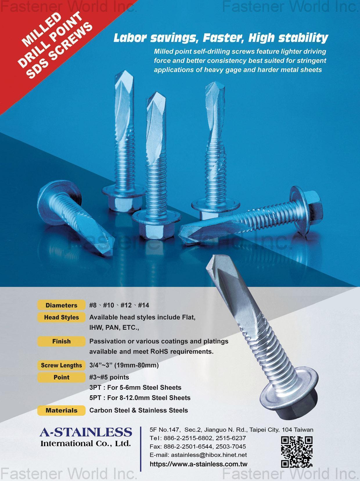 A-STAINLESS INTERNATIONAL CO., LTD. , Milled Drill Point SDS Screws, Self-drilling Screws
