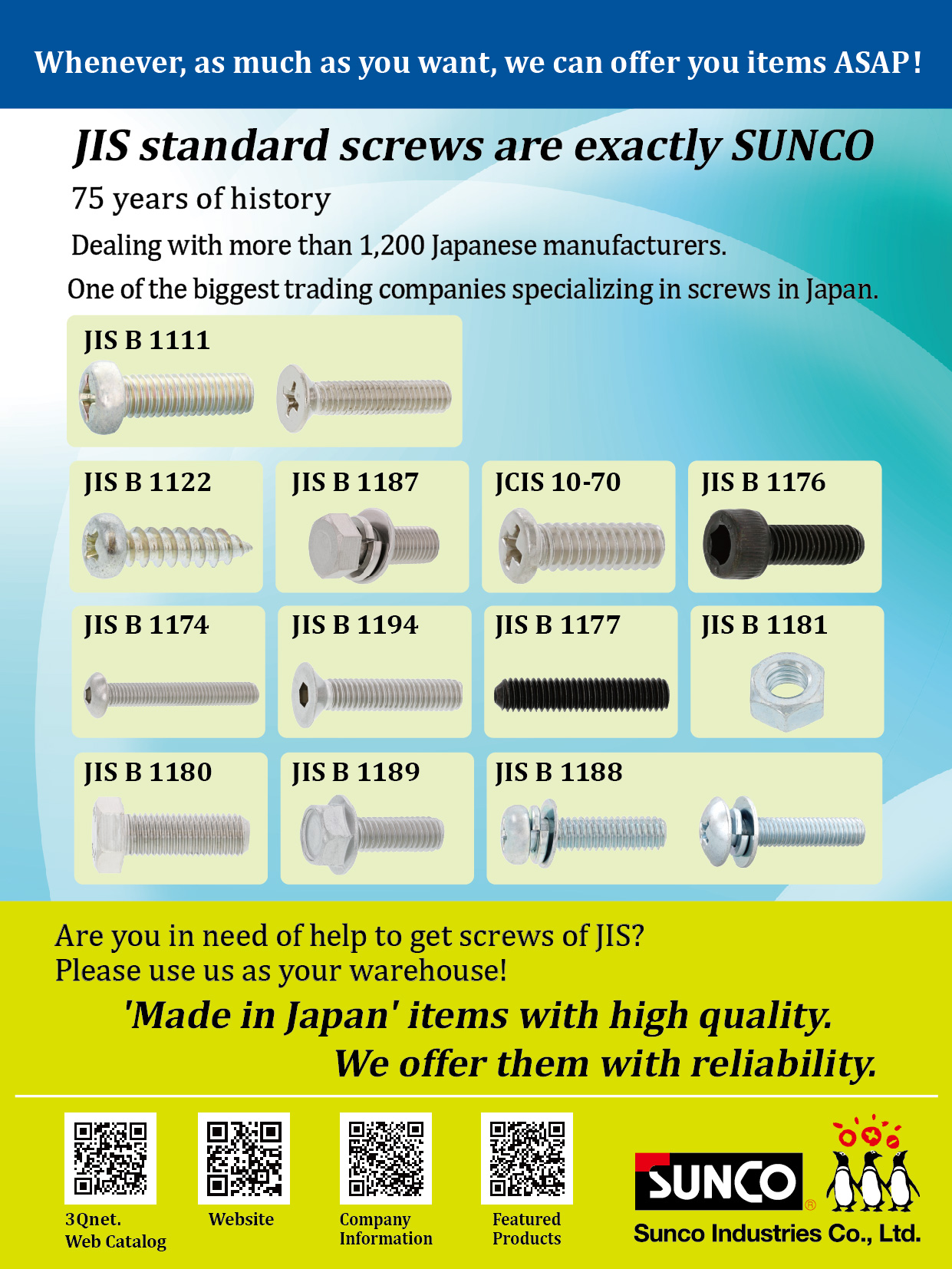 SUNCO INDUSTRIES CO., LTD. JAPAN , Japanese trading company specializing in fasteners JIS B 1111, JIS B 1122, JIS B 1187, JCIS 10-70, JIS B 1176, JIS B 1174, JIS B 1194, JIS B 1177, JIS B 1181, JIS B 1180, JIS B 1189, JIS B 1188