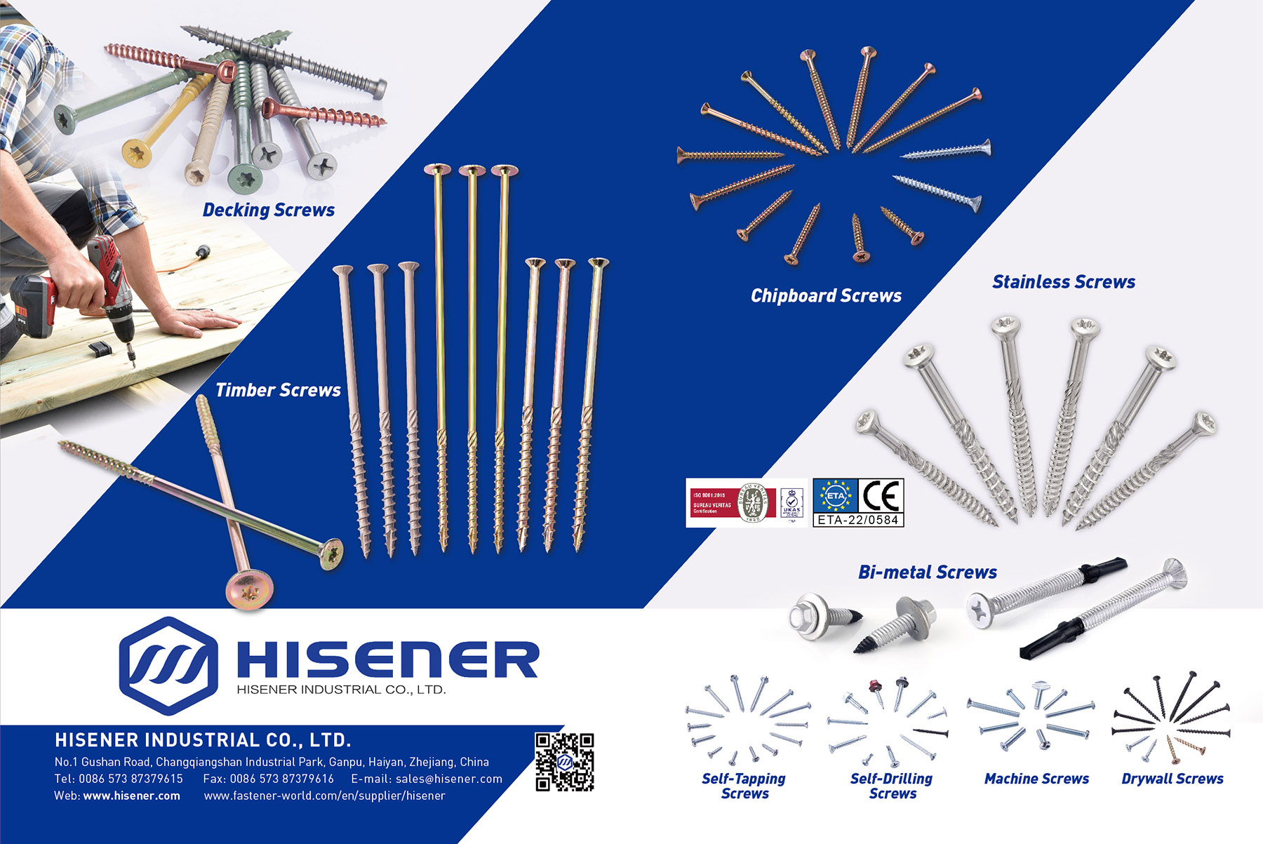 HISENER INDUSTRIAL CO., LTD. , Decking Screws,Timber Screws,Chipboard Screws, Stainless Screws, Concrete Screws,Dowel Screws,Self-Tapping Screws, Self-Drilling Screws, Machine Screws,Drywall Screws