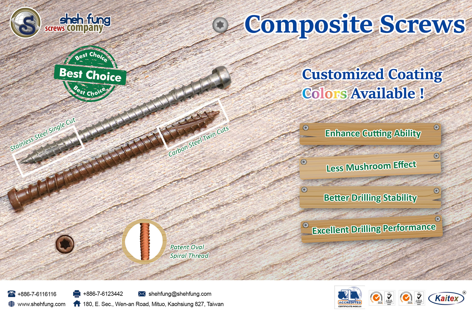 SHEH FUNG SCREWS CO., LTD.  , Composite Screws, Customized Coating Colors Available!