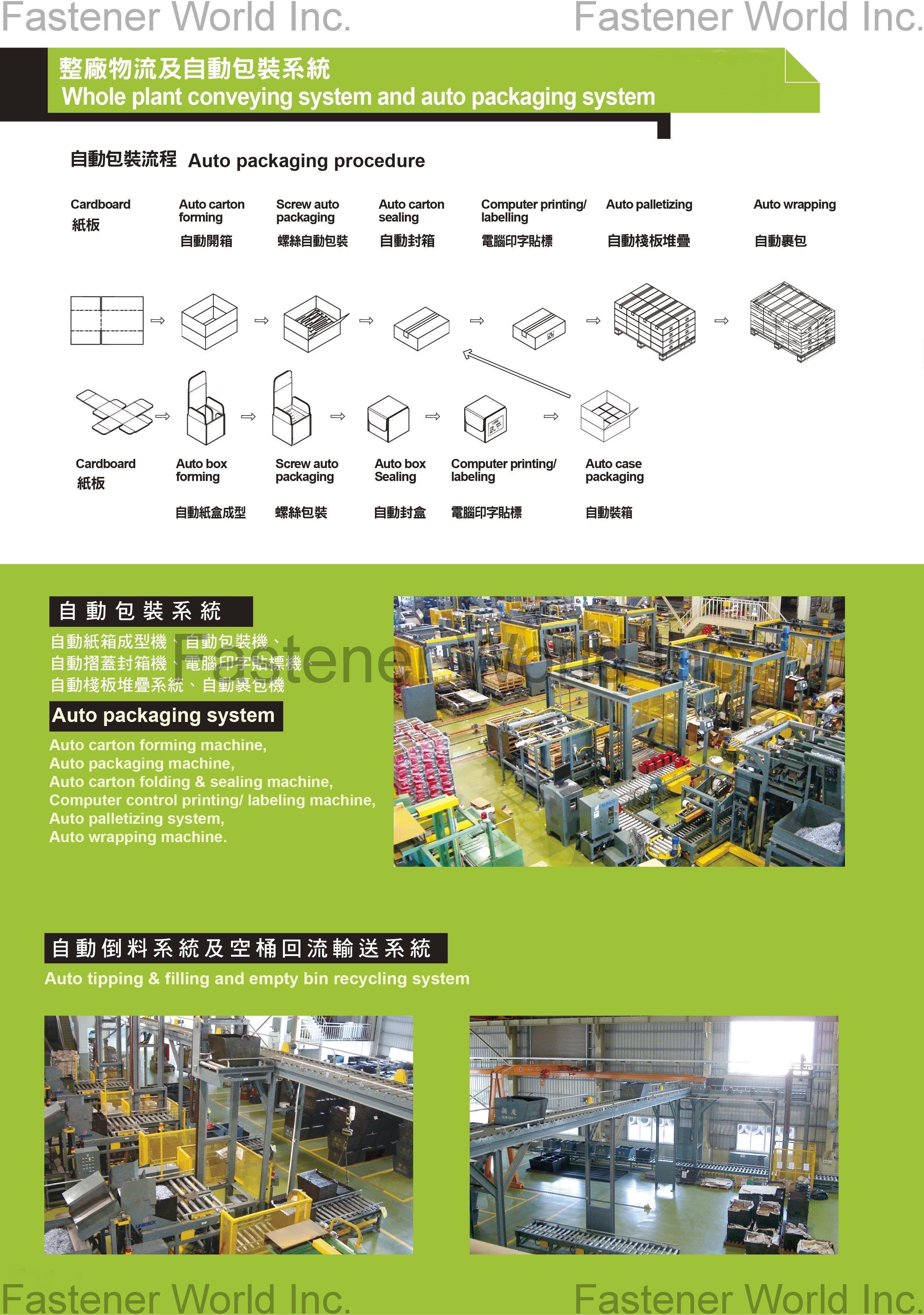 UNIPACK EQUIPMENT CO., LTD.  , Auto Carton Forming Machine, Auto Packaging Machine, Auto Carton Folding & Sealing Machine, Computer Control Printing / Labeling Machine, Auto Palletizing System, Auto Wrapping Machine, Auto Tipping & Filling and Empty Bin Recycling System , Automatic Conveying System