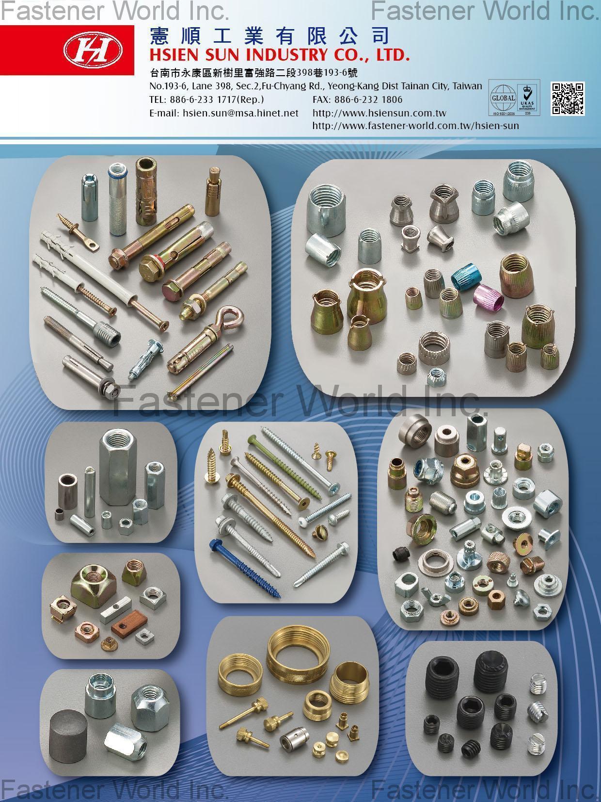 HSIEN SUN INDUSTRY CO., LTD.  , Conical Nuts, Anchor, Concrete Sleeve Anchor, Sleeve Anchor Bolt Type, Sleeve Anchor Flange Type, Heavy Duty Anchor, Zmark Heavy Duty Anchor, Wedge Anchor Nuts, Concrete Wedge Anchor, Nylon Frame Anchor (With Ring), Nylon Nail Anchor With Screw, Special Nuts, Autoparts Nuts, Bicycle Nuts, Cap Nuts, Furniture Nuts, Hex & Round Coupling Nuts, Locking Nuts, Square Nuts, Thread Nuts, T Nuts, Turning Part, Set Screws,Self Drilling Screws, Tapping Screws, Chipboard Screws , All Kinds of Screws