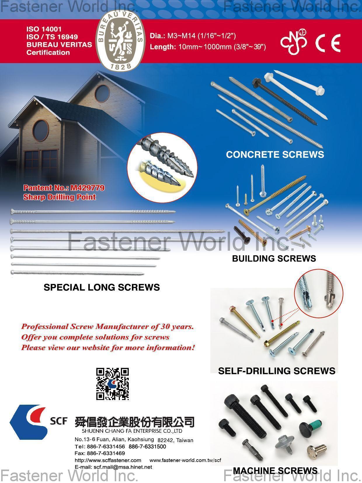SHUENN CHANG FA ENTERPRISE CO., LTD.  , Special Long Screws / Self-drilling Screws / Auto Parts / Chipboard Screws / Self-drilling Screws , Special Screws