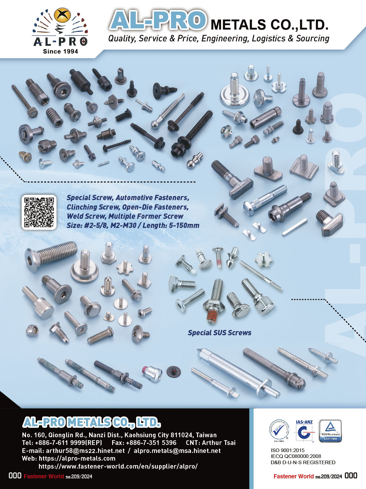 AL-PRO METALS CO., LTD. , Special Screw, Automotive Fasteners, Clinching Screw, Open-Die Fasteners, Weld Screw, Multiple Former Screw , Open Die Screw