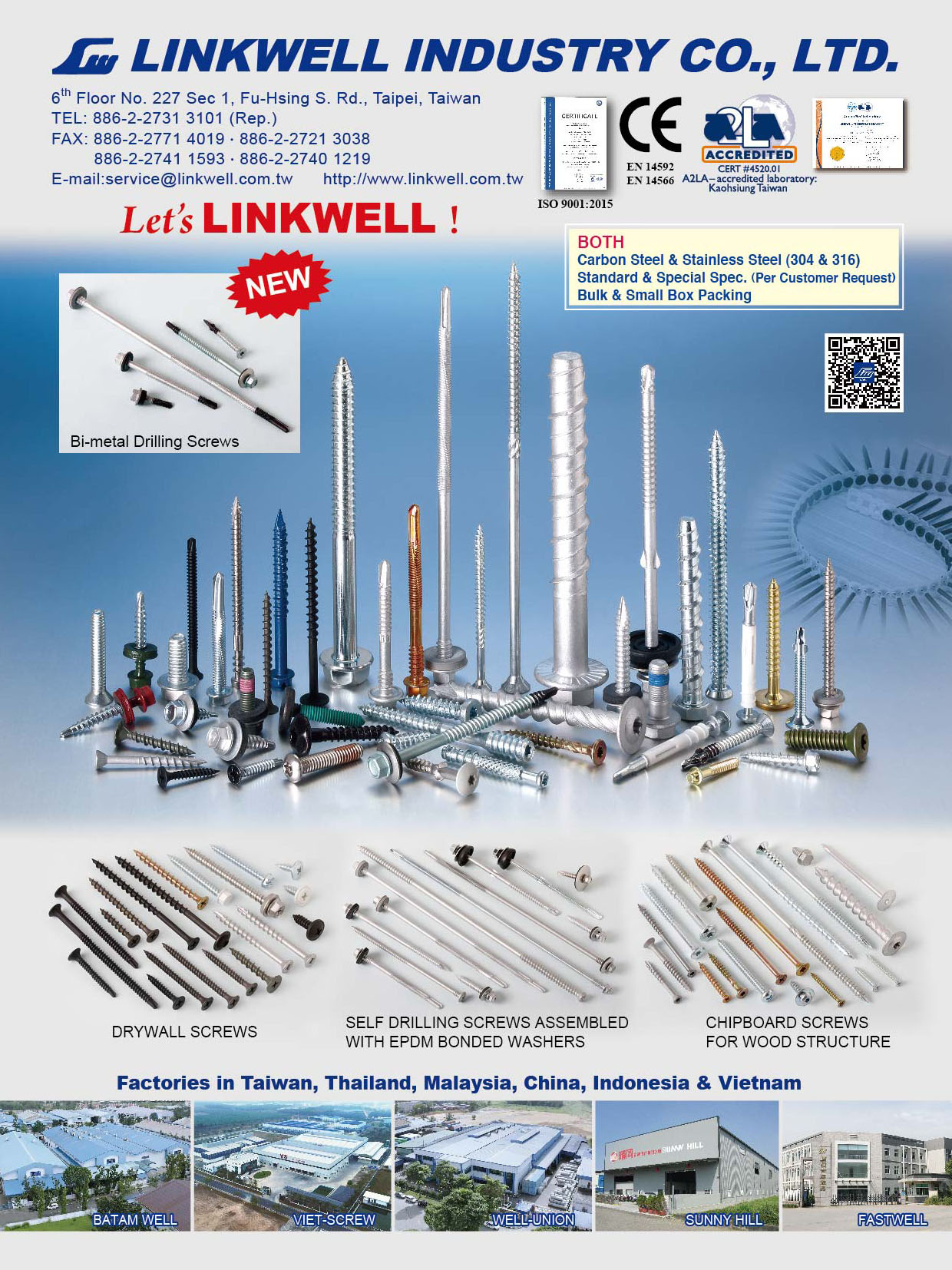 LINKWELL INDUSTRY CO., LTD. , Bi-metal Drilling Screws, Drywall Screws, Self Drilling Screws Assembled with EPDM Bonded Washers, Chipboard Screws for Wood Structure