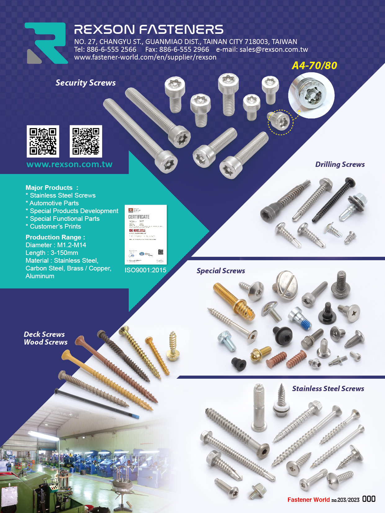 REXSON FASTENERS INC. , Deck Screws, Wood Screws, Security Screws, Special Screws, Drilling Screws, Tapping Screws, Type U Drive Screws, Stainless Steel Screws, Automotive Parts, Special Products Development, Special Functional Parts, Customer's Prints