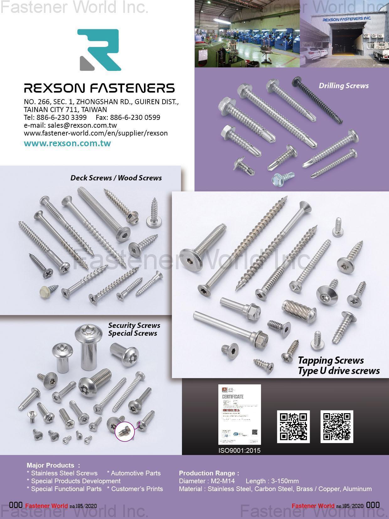 REXSON FASTENERS INC. , Deck Screws, Wood Screws, Security Screws, Special Screws, Drilling Screws, Tapping Screws, Type U Drive Screws, Stainless Steel Screws, Automotive Parts, Special Products Development, Special Functional Parts, Customer's Prints