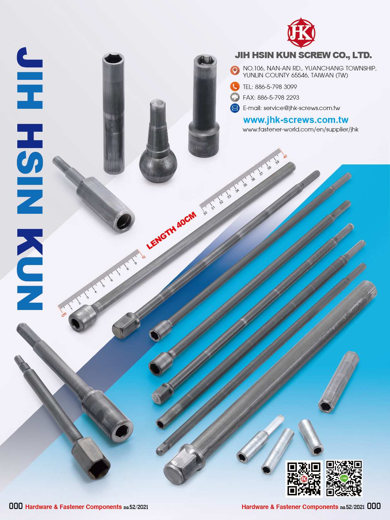JIH HSIN KUN SCREW CO., LTD. , Large Size Parts, Hand Tool Socket, Auto Parts, Multi-Process Cold Forging, Special Parts, Lock Screws, Pan Head Screws, Cement Drill Head Screws, Screwdriver, Gear Tool, Hand Tool, Mousetrap Parts, Extension Bar, Auto Parts, Anchoring Screws, Bicycle Parts