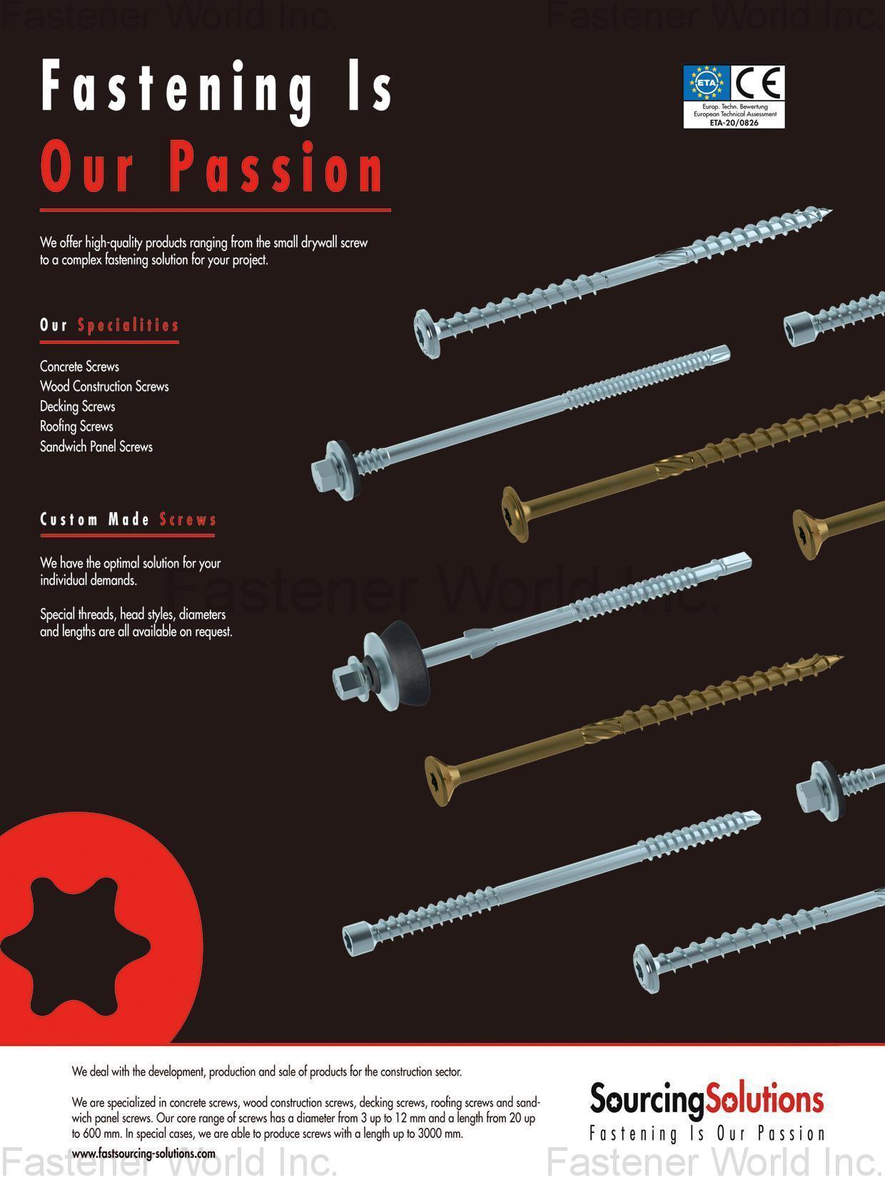 SOURCING SOLUTIONS FASTENERS CO., LTD. , concrete screws, wood construction screws, decking screws, roofing screws and sandwich panel screws