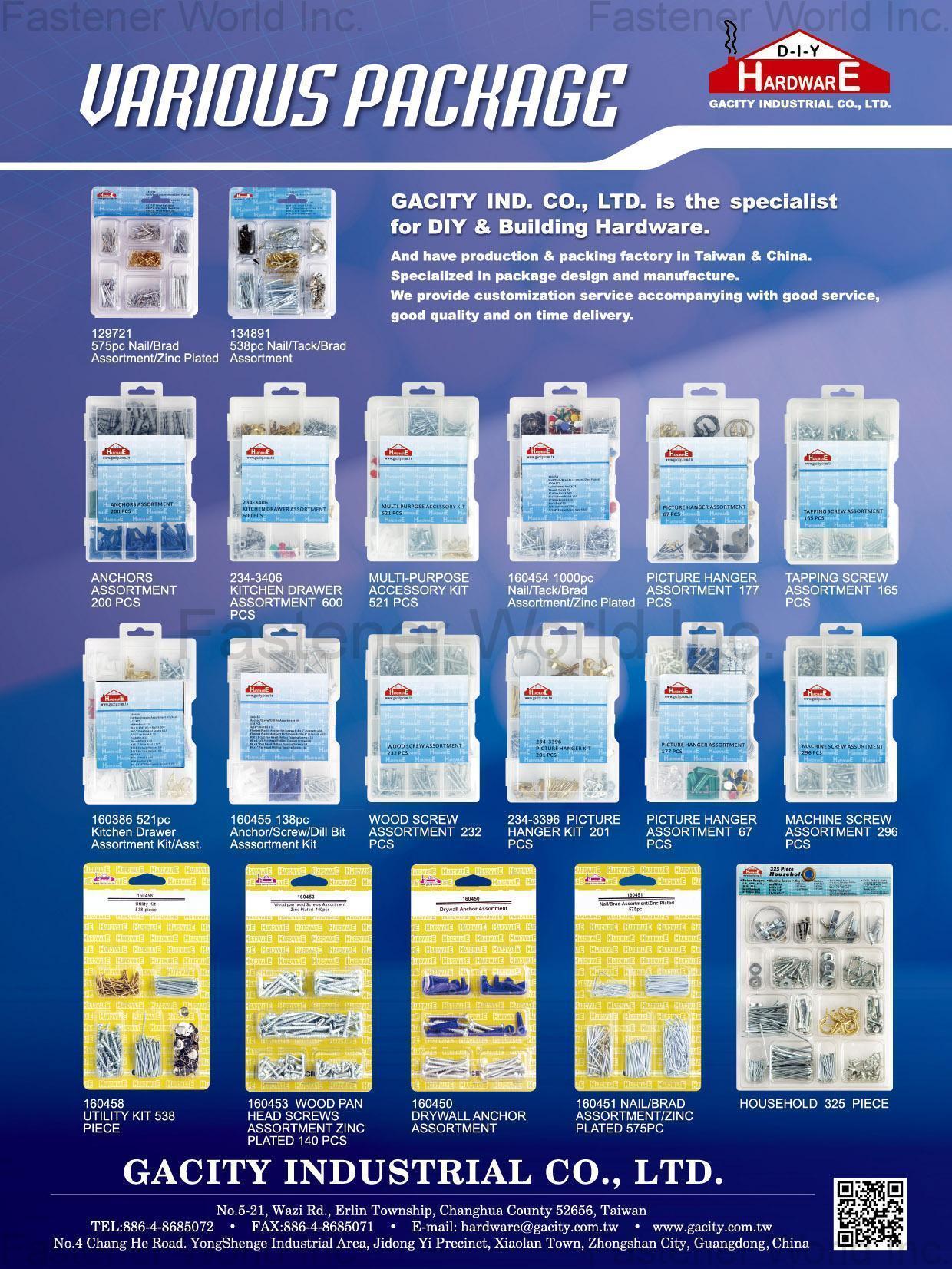 GACITY INDUSTRIAL CO., LTD. , Various Package, DIY & Building Hardware, Nail/Tack/Brad Assortment/Zinc Plated, Anchors Assortment, Picture Hanger Kit