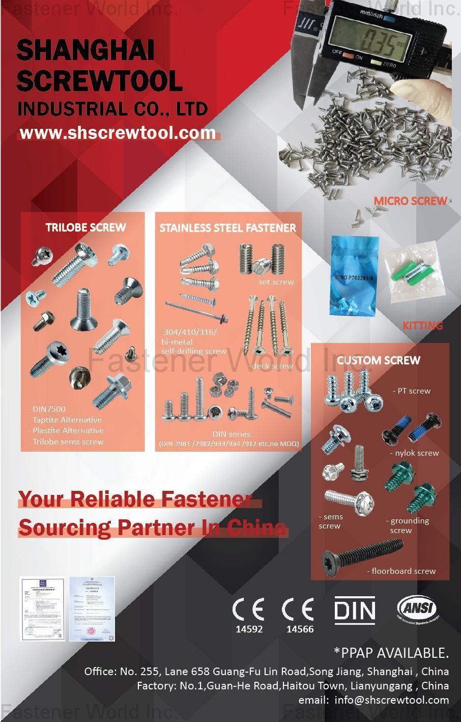 SHANGHAI SCREWTOOL INDUSTRIAL CO., LTD. , Trilobe Screws, Stainless Steel Fastener, Custom Screws