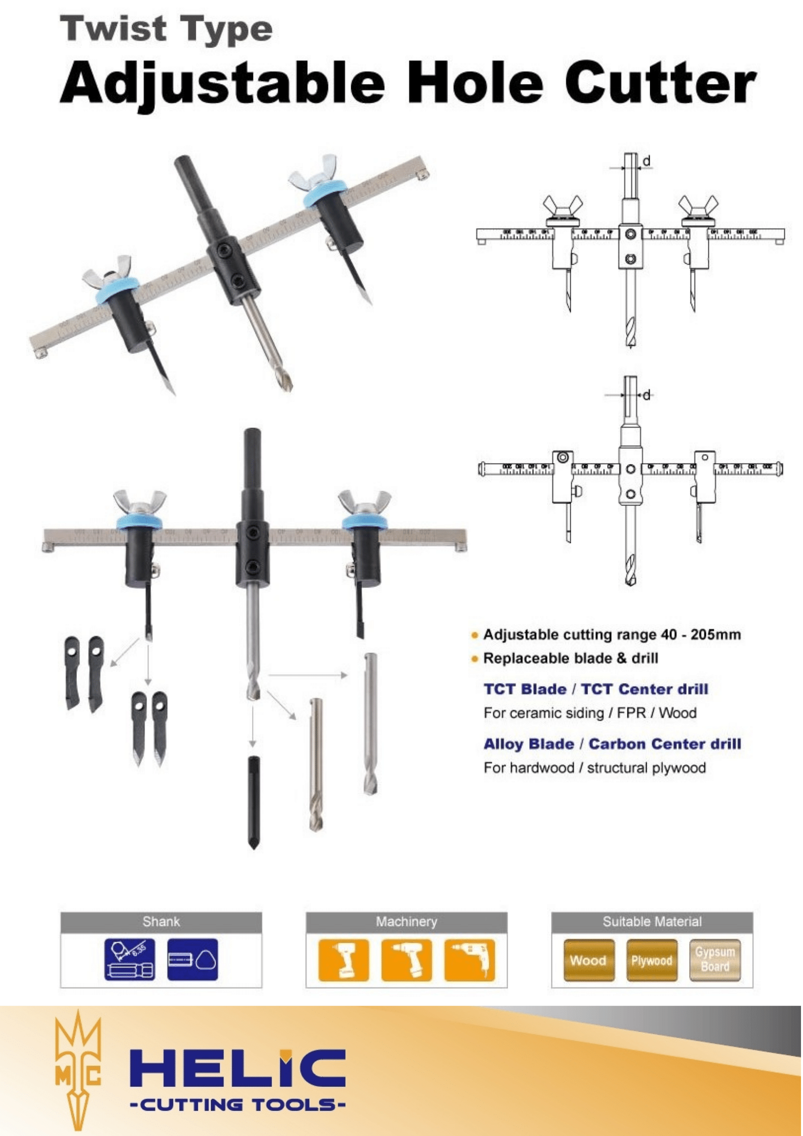 HELIC CUTTING TOOLS CO., LTD. , Twist Type Adjustable Hole Cutter