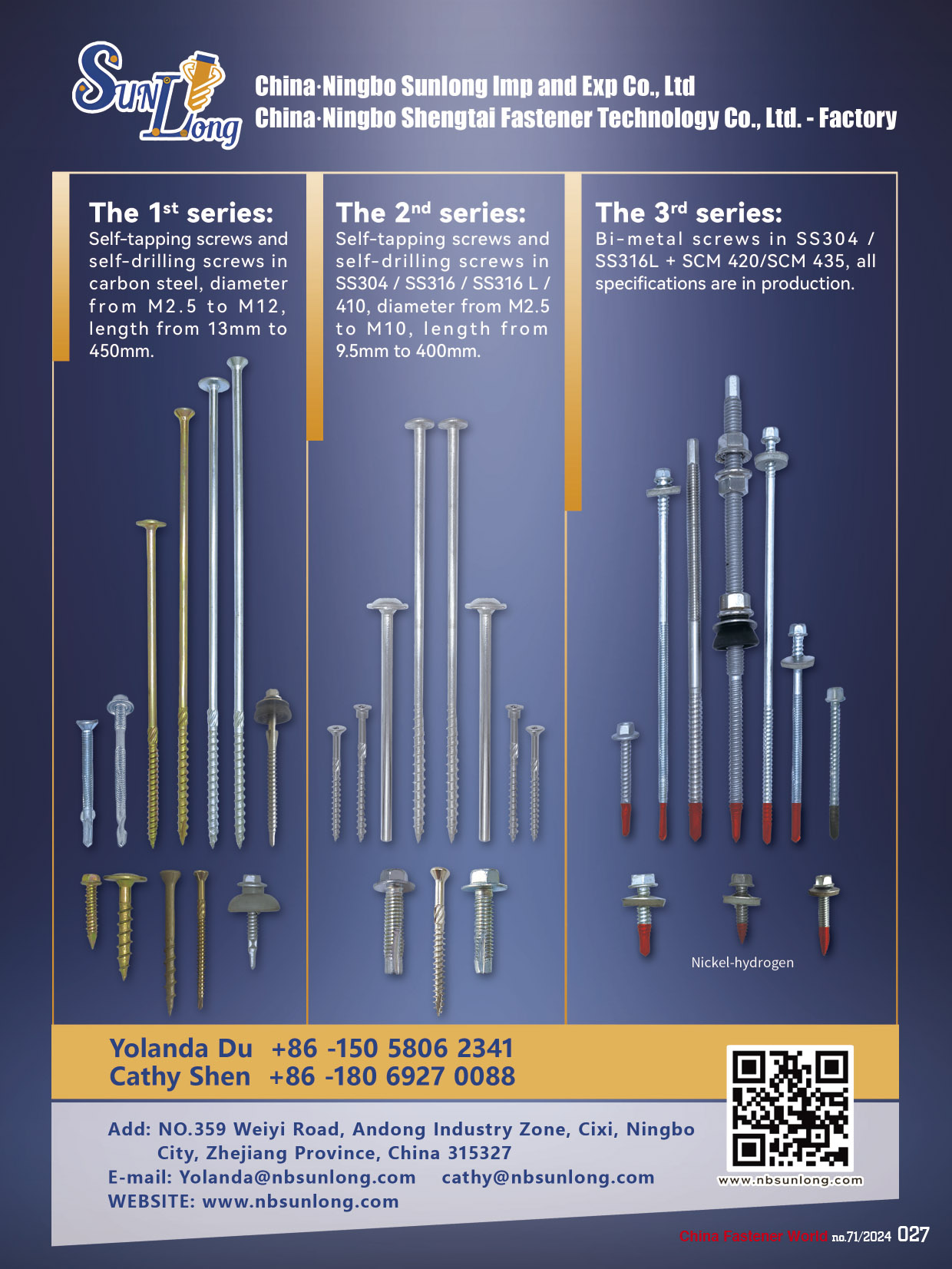 NINGBO SUNLONG IMP AND EXP CO., LTD. , Wood Construction Screw  Timber Screw  Roofing Screw Sandwich Panel Screw Distance Screw Self drilling Screw BI-METAL Self-Drilling Screw BI-METAL Self-Tapping Screw Ruspert Screw Dacromet Screw Stainless Screw Chipboard Screw Painted Screw 