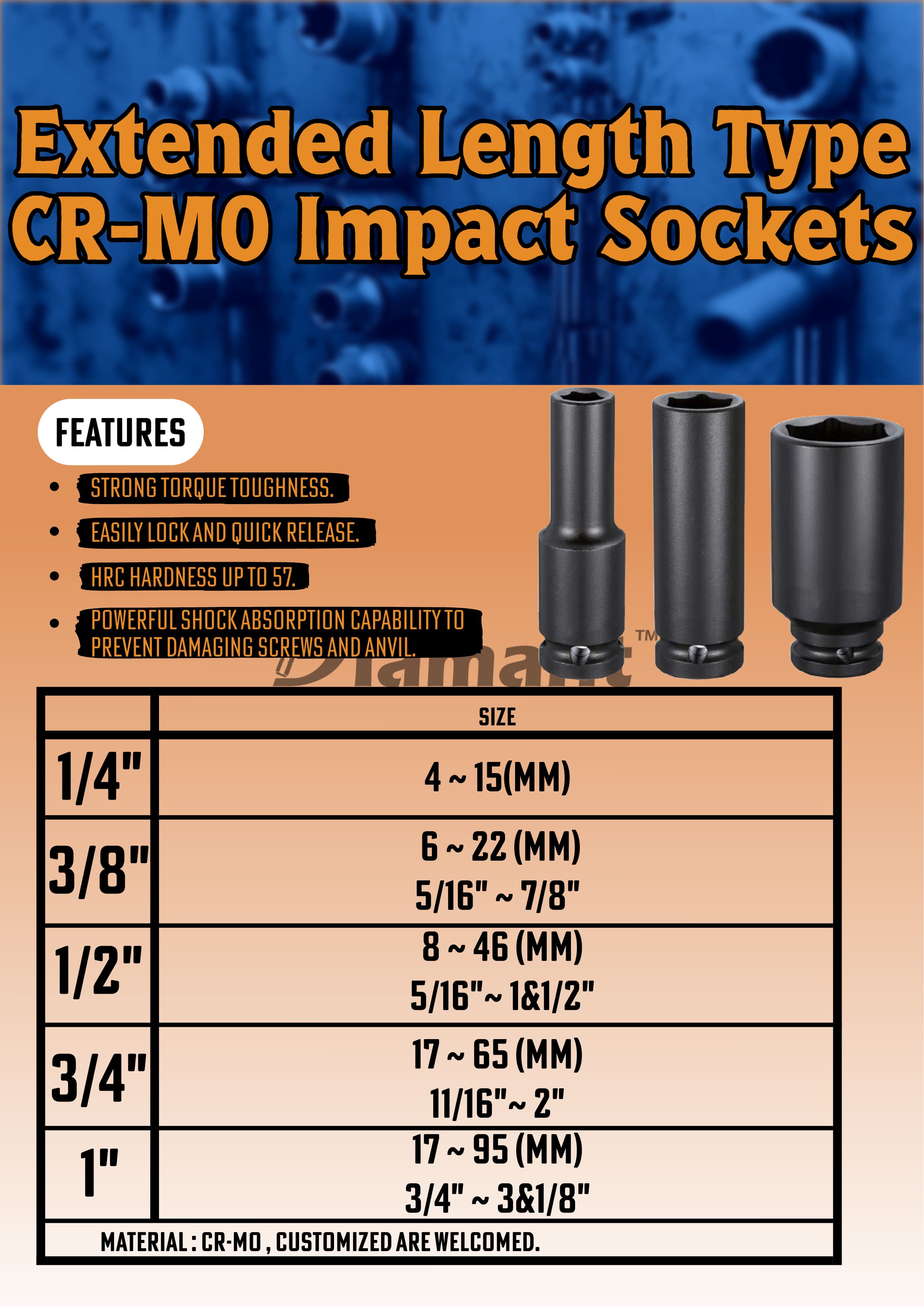 DIAMANT INDUSTRIAL CO., LTD. , Extended Length CR-MO Impact Socket