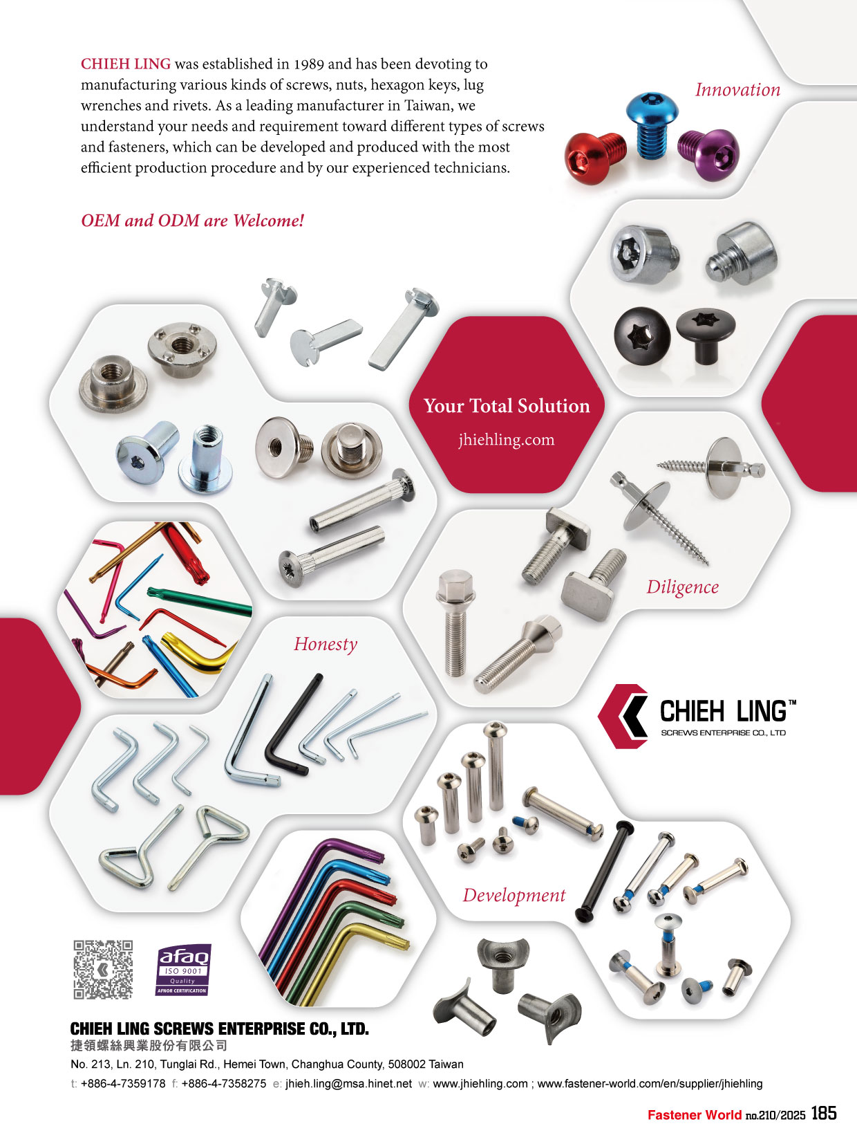 CHIEH LING SCREWS ENTERPRISE CO., LTD. , Manufacturing Various Kinds of Screws, Nuts, Hexagon Keys, Lug Wrenches and Rivets