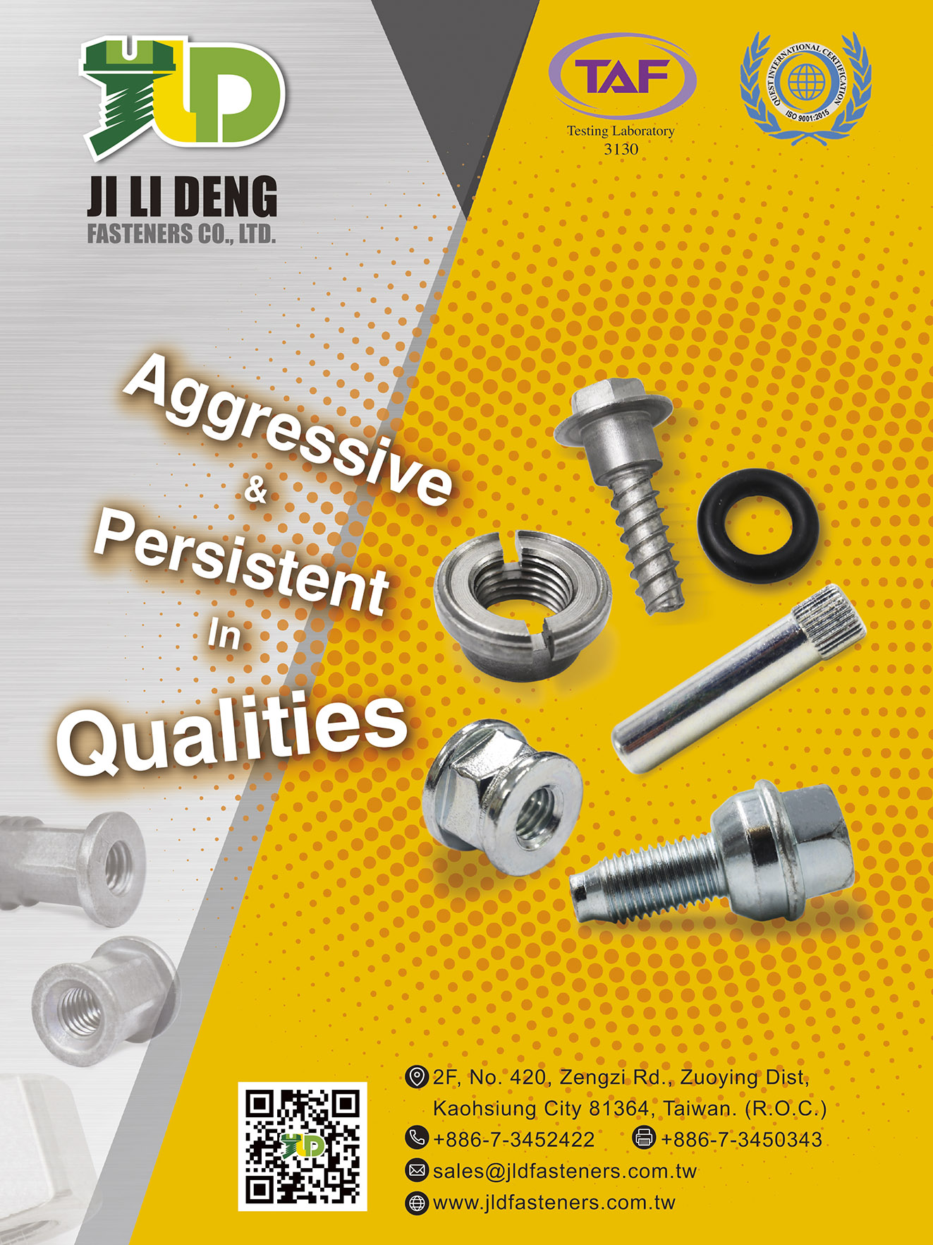 JI LI DENG FASTENERS CO., LTD. , Automotive: T5 Weld Stud, Threaded Ring, Double End Stud, Insert Nut, Hex Cap Screw, CL 10.9 MS, Shoulder Screw, Nipple Oil Filter, Knurled Stud, Double End Stud, Ball Stud, Clinch Stud, Cage Spindle Rod, Bend Bolt, Sems Screws, T-Bolt, Thread Cutting Type23, Shoulder Bolt, Machine Screw