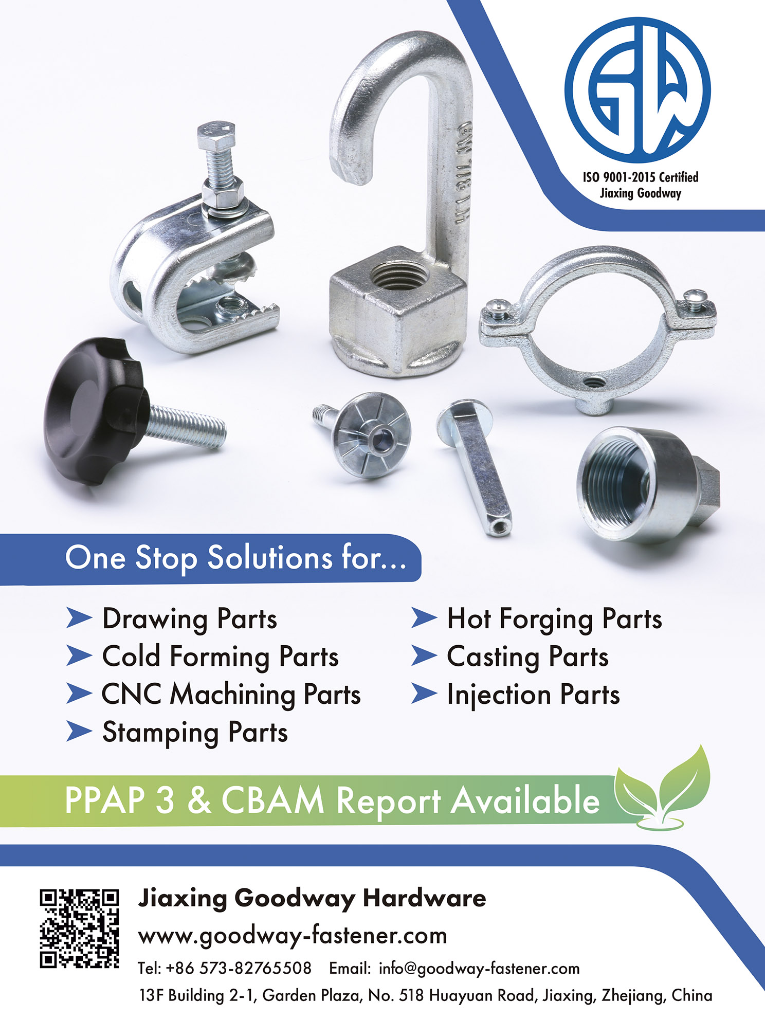 JIAXING GOODWAY HARDWARE , Drawing Parts, Hot Forging Parts, Cold Forming Parts, Casting Parts, CNC Machining Parts, Injection Parts, Stamping Parts