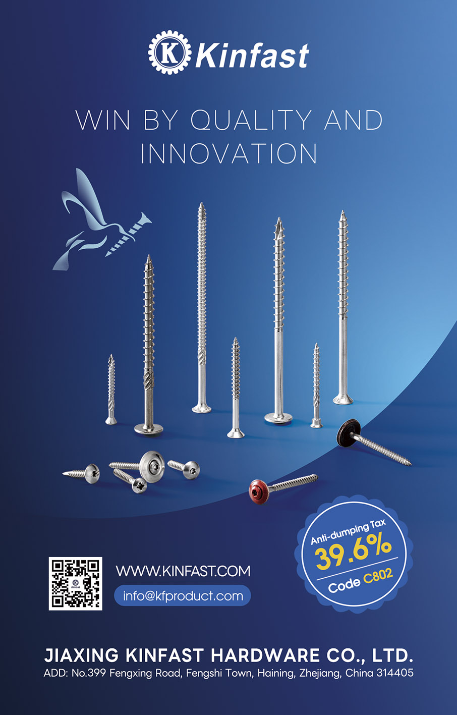 JIAXING KINFAST HARDWARE CO., LTD. , Stainless Steel Screw Safety Screw Concrete Screw Wood Construction Screw Roofing Screw Extra Long Screw