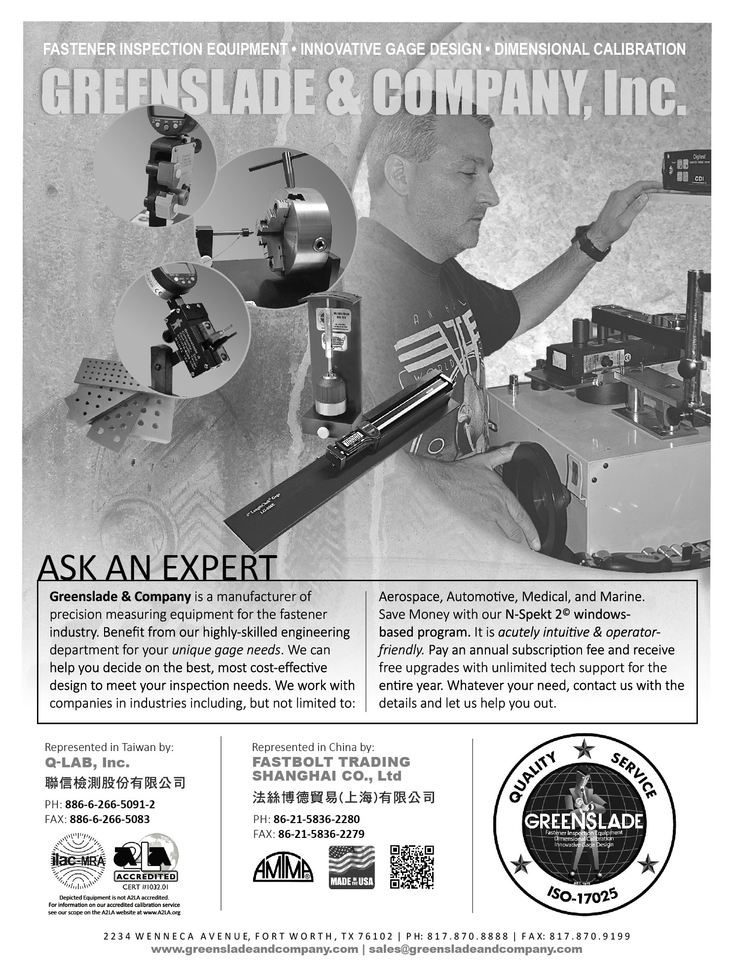 GREENSLADE & COMPANY, INC. , Fastener Inspection Equipment , Innovative Gage Design, Dimensional Calibration