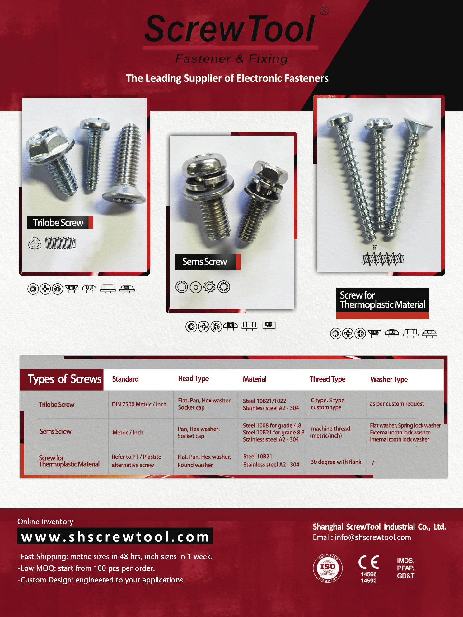 SHANGHAI SCREWTOOL INDUSTRIAL CO., LTD. , Electronic Fasteners, Trilobe Screw, Sems Screw, Screw for Thermoplastic Material SHANGHAI SCREWTOOL INDUSTRIAL CO., LTD. , Electronic Fasteners, Trilobe Screw, Sems Screw, Screw for Thermoplastic Material