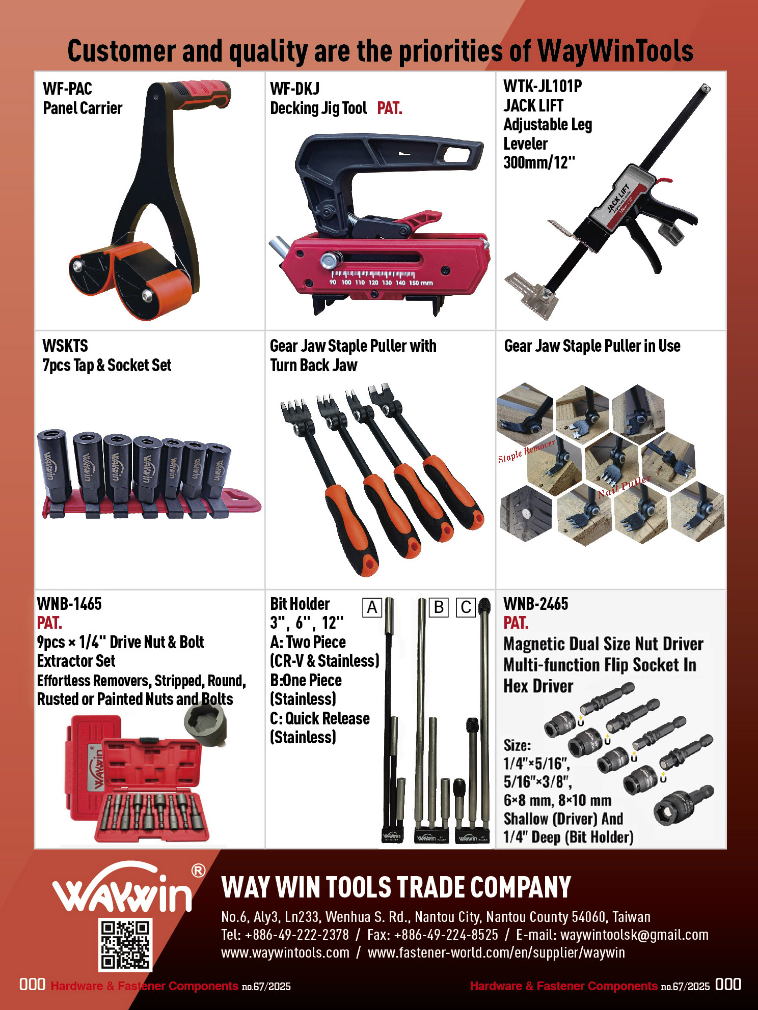 WAY WIN TOOLS TRADE COMPANY , Panel Carrier, Decking Jig Tool, Jack Lift Adjustable Leg Leveler, 7pcs Tap & Socket Set, Gear Jaw Staple Puller with Turn Back Jaw, Gear Jaw Staple Puller in Use, 9pcs x 1/4
