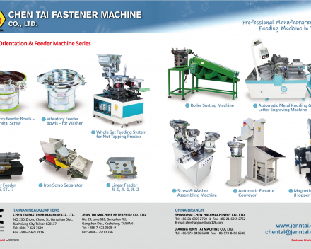 Parts Orientation & Feeder Machine Series: Vibratory Feeder Bowls, Whole Set Feeding System for Nut Tapping Process, Linear Feeder, Scrap Sorting Machine Roller Sorting Machine, Automatic Metal Knurling & Letter Engraving Machine, Screw & Washer Assembling Machine, Automatic Elevator Conveyor, Magnetic Conveyor(CHEN TAI FASTENER MACHINE CO., LTD.)